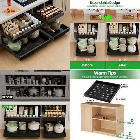 PAKETA 4 Pack Expandable Pull Out Cabinet Organizer, 21'' Deep Pull Out Drawers for Cabinet, Upgrade