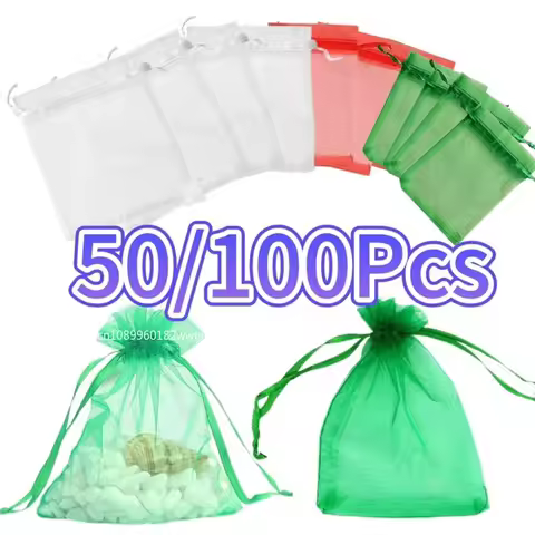 50/100PCS White Drawstring Organza Bags 7x9 9x12 10x15 15x20 20x30cm Wedding Party Jewelry Gift Pack