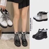 【Amoscova】女靴 黑白拚色馬汀靴 短筒英倫風機車靴 厚底靴 重機靴 低筒靴 女鞋(1668) EU36 黑色