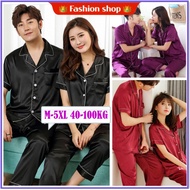 【M-5XL】Plus Size Couples Silk Satin Pyjamas Set Short Sleeve Sleepwear Female Male Pajamas Suit Buja