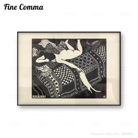 Vintage Poster Wall Art Print La Paresse Felix Vallotton Laziness Black and White Woman Cat Antique 