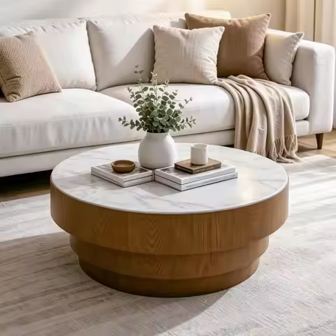 31.5" Modern Round Coffee Table with Sintered Stone Top,Wood Veneer Tiered Base Centry Table for Liv
