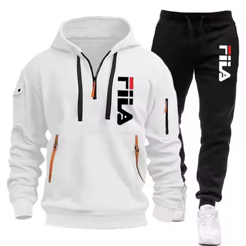 Outdoor fleece hoodie set. Soft half zip hoodie with fluorescent zippers, zip pockets and drawstring