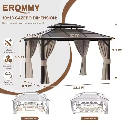 Outdoor 10'x13' Gazebo, Customized Aluminum Frame Pergola, Double Polycarbonate Roof Canopy with Net