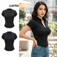 Lovito Casual T-Shirt Plain Zipper T-Shirt for Women L88AD043\3