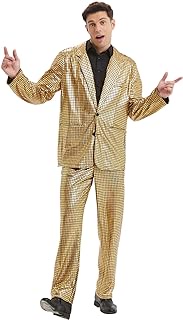 70s Disco Costume Men 3 Piece Shiny Outfit Mens Metallic Sequin Suits for Halloween Prom Party Ball Suit Jacket Pants Tie