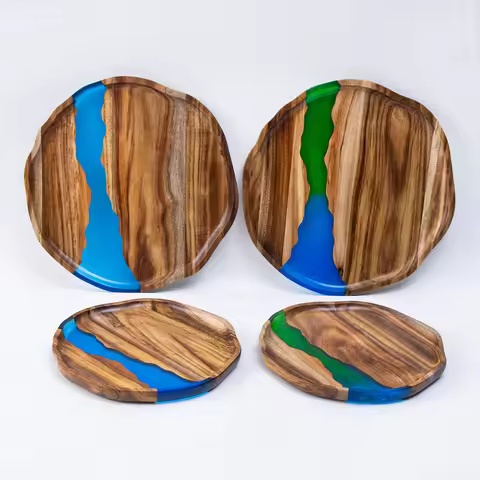 Acacia wood epoxy resin craft tray; tea tray; round plate; resin river; fireplace tray; home light l