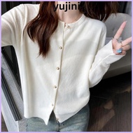 YUJINI Knit Cardigan, Long Sleeve Single Breasted Women Cardigan, Solid Color Round Neck Women Sweat
