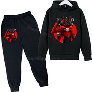 2pcs Skibidi Toilet Sweatshirt Suit For Children Plush Hoodies+pants Trendy Print Hoodie Sweatpants Boys Anime Clothes Set Gift