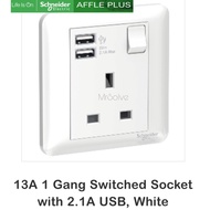 Schneider Affle Plus 13A Single Switched Socket with 2.1A USB