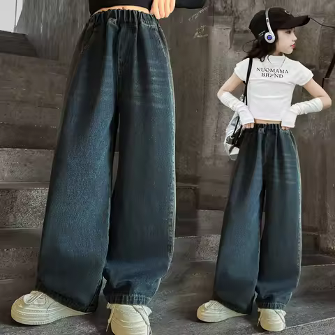 Brief Style Kids Children Solid Blue Color Jeans Pants for Teens Girls Casual Loose Straight Denim T