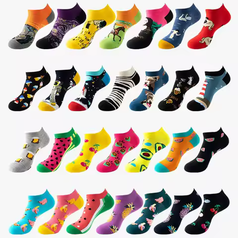 40 Style Fashion Colorful Short Socks Men Cotton Novelty Oil Painting Animals Food Avocado Casual Fu
