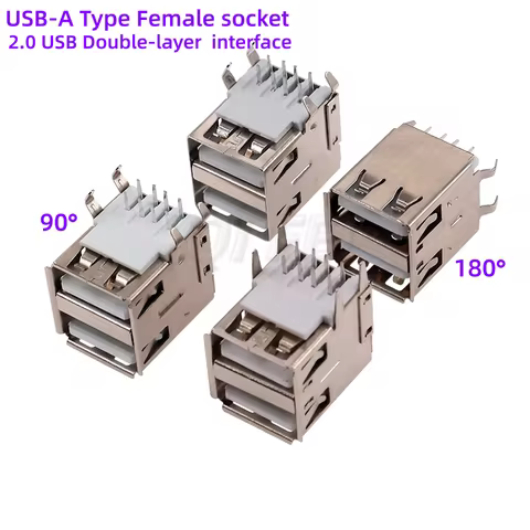 5PCS USB A Type Double-layer Female Interface Socket 90° 180degrees vertical 2.0 USB-A AF Transmissi