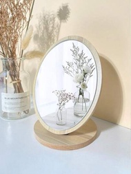 木製桌上化妝鏡，1入組6.8英寸旋轉方形和圓形鏡子，木紋化妝鏡木製鏡子