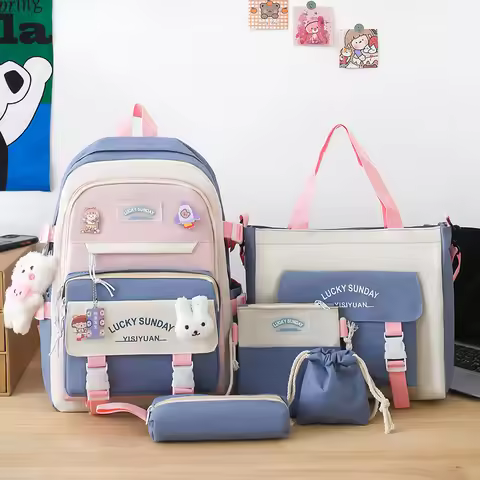 Student Fashion 5/pce Set Schoolbag Girls Simple Children Backpack Color Blocking Spine Protection L