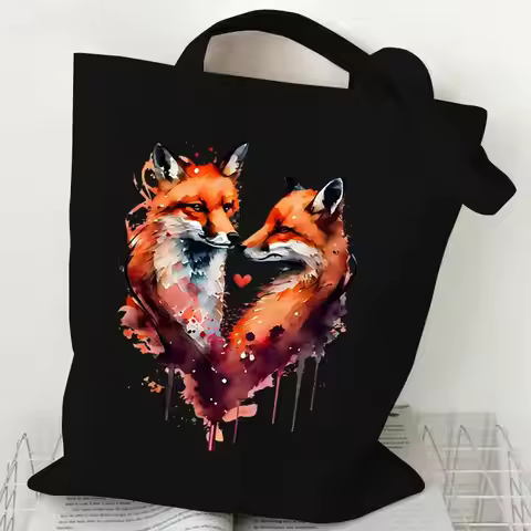 Minimalist Heart Fox Couple Black Canvas Tote Bag, Aesthetic Korean Style Reusable Shoulder Bag for 