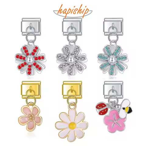 Hapiship Original Daisy Fashion Flower Dazzling CZ Italian Links Charm Fit 9mm Stainless Steel Brace