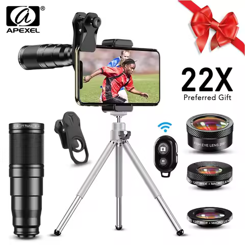 APEXEL New 4in1 22X Telescope zoom Lens Macro Wide Fisheye Lens HD Phone Camera Lens Kit With Remote