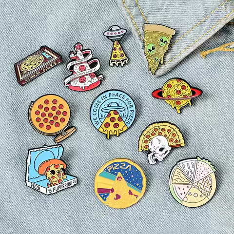 Pizza UFO Planet Enamel Pin Custom ET Christmas Tree Globe Brooch Shirt Lapel Fun Cartoon Food Badge
