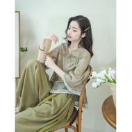 Matcha Mochi 2025 Chinese style Zen retro literary printed top wide-leg pants daily suit抹茶麻薯2025年国风禅