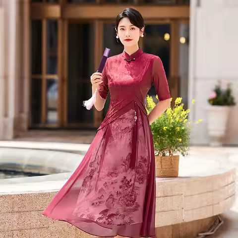Plus Size 3Xl 4Xl 5Xl Chinese Style Dress Red Vintage Cheongsams Mesh Ink Qipao Improved Ao Dai Qipa