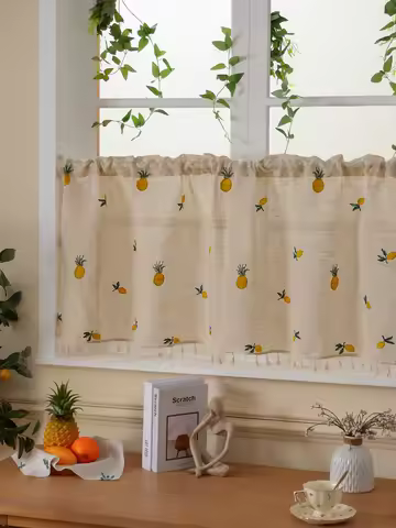 Linen Embroidery Pineapple with Fringe Short Curtain Blockout Curtain Bedroom Floating Window Curtai