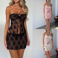 []-Women 2 Piece Clothes Set, Bandage Cutout Split Sheer Tube Top + Elastic Mini Skirt
