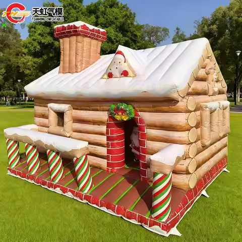 Fast Shipping 5x4x3.5mH Log Cabin Inflatable Christmas House with Fence Blow up Santa Grotto with Fr
