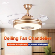 Ceiling Fan with Lights LED invisible Ceiling Fan Chandelier with Remote Control Silent Motor 3 Color Change for Bedroom High wind ceiling fan kipas angin syiling ceiling fan