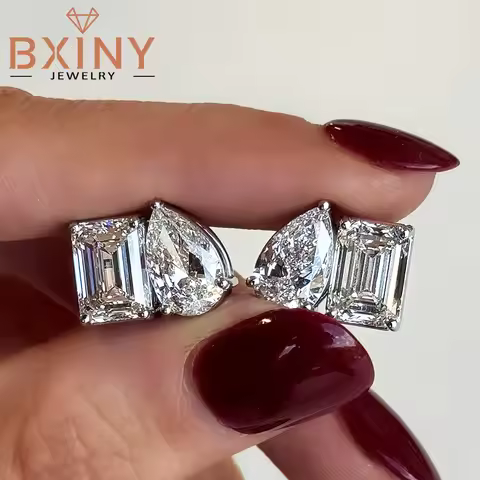 BXINY Emerald & Pear Cut Moissanite Stud Earrings S925 Silver Toi et Moi Diamond Ear Studs for Women