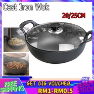 20cm Cast Iron Wok Grilling Wok with Glass Lid and Dual Handle Cast Iron Cookware