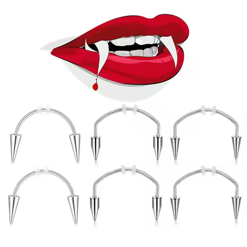 WKOUD 2 Pcs Piercing Tiger Teeth Vampire Stainless Steel Smile Lip Nail Jewelry Fangs Dracula Septum
