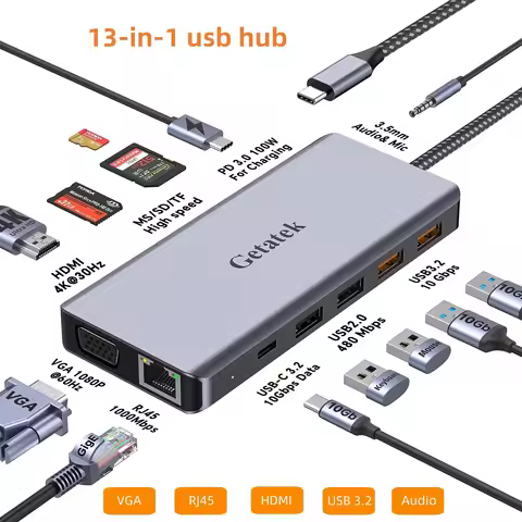 GETATEK 13 IN 1 USB C Hub Docking Station USB 3.2 10Gbps TF/SD Card Headphone Port VGA RJ45 HDMI Ada