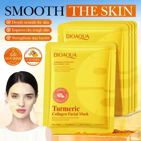 5pcs BIOAQUA Turmeric Collagen Whitening Facial Masks Moisturizing Anti-Wrinkle Anti-Aging Face Mask