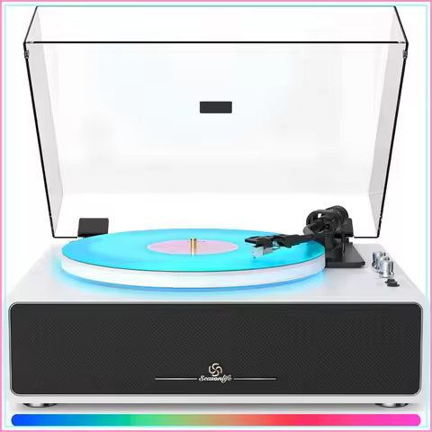 All-in-One Record Player with Built-in Stereo Speakers, Bluetooth, Auto Stop, 33/45 RPM