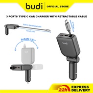 Budi 50W Car Charger 3 Type C Ports Fast Charging Built-in Retractable Type C Cable