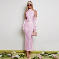 Bộ 2 áo không tay màu trơn và chân váy dài cho nữ, phong cách La Mã cổ điển hiện đại thời trang cho