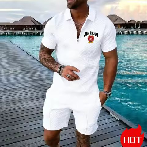 Fashion Luxury Men's Sets 3D Casual Zip Short Sleeve Polo Shirts Shorts 2 Piece Outfit Men Y2k Cloth