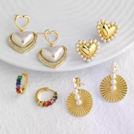Gold Plated Heart Pearl Stud Earrings for Women Sunburst Disc Dangle Earrings Minimalist Jewelry ers