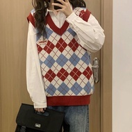 2pcs Korean Preppy Style Red Argyle Check Knit Sweater Women Long Sleeve Top for Women Student