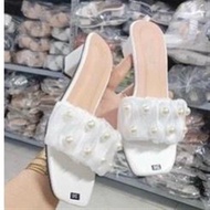 Dép nữ cao gót vuông 5p quai dún ren kết châu to G89 - Guốc cao gót