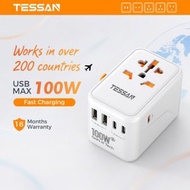 TESSAN - 霆聖GaN 100W全球通用轉換插頭 國際多功能轉換器插座 內置2 USB A + 3 Type C 大陸內地/台灣/日本/韓國/泰國/美國/澳洲/歐洲/英國 適用插座