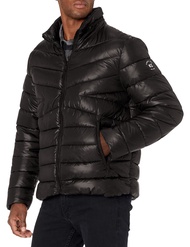 Kenneth Cole Men's Hood Puffer Angled Welt Pockets Horizontal Quilting Jacket