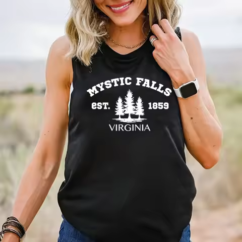 Mystic Falls Virginia Tank Top Stefan Damon Salvatore Brother Sleeveless Shirt Vintage Vampire Diare