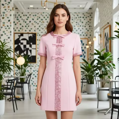 2026 New Arrival Women's A-Line Dress Casual Summer Fashion Floral Elegance Dress Soft Pink Sequins 