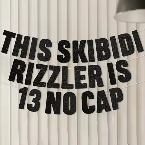 Happy 13th Birthday Decoration This Skibidi Rizzler is 13 No Cap Black Glitter Banner, Funny Zoomer 