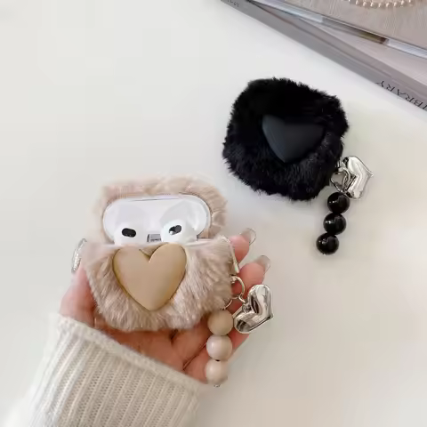 Cute Fluffy Heart Pattern Earbuds Case Cover for Apple AirPods Pro/1/2/3/4- Soft Plush Protective Sl