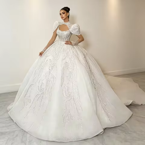 Luxury Fluffy Shoulder Long Sleeve Beaded Ball Dress Wedding Dress Shining Cathedral Train Luxury Br