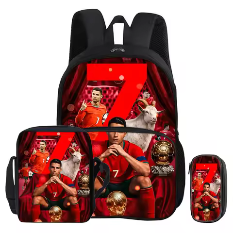 Football Sport with Front Pocket Backpack Ronaldo 3Pcs Set School Bags Rucksack Student Shoulder Bag