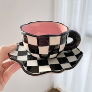 Hand Painted Checkerboard Coffee Cup and Saucer Underglaze Ceramic Personalized Tea Cup Set Microwave Dishwasher Safe Cute Gifts